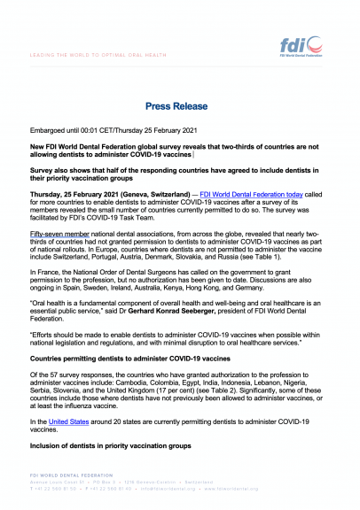 New FDI World Dental Federation global survey reveals that two-thirds of countries are not allowing dentists to administer COVID-19 vaccines